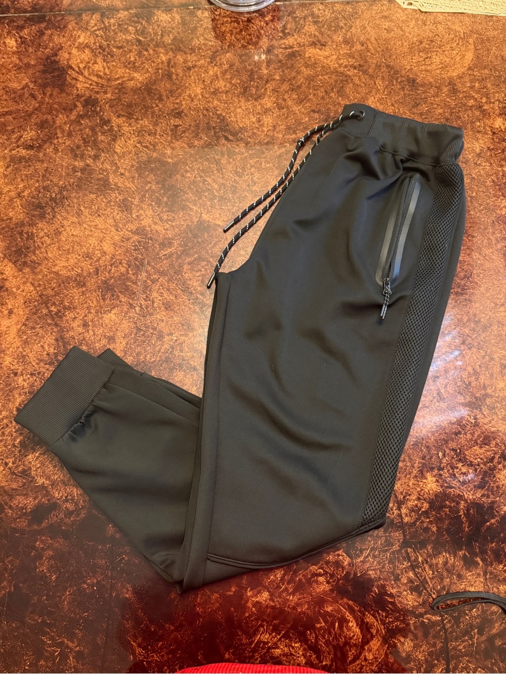 Men's Black Mesh-Panel Jogger Pants with Zipper Pocket
